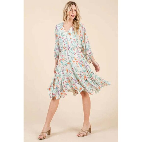 Lime 'N' Chili Floral Cinched Waist Balloon Sleeve V-Neck Dress - Picture 4 of 10
